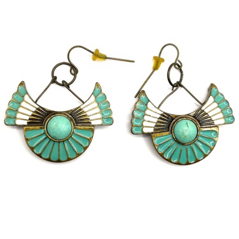 Vintage Southwestern style Turquoise and white inlay fan earrings